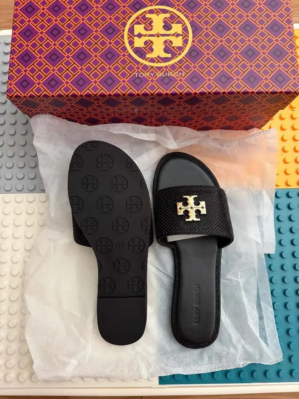 Tory Burch Black Studded Gold Logo Slide Sandals